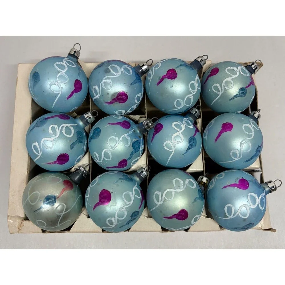 Vtg Poland Glass Christmas Ornaments Blue Balloon Swirl Hand Painted Small 1.75”